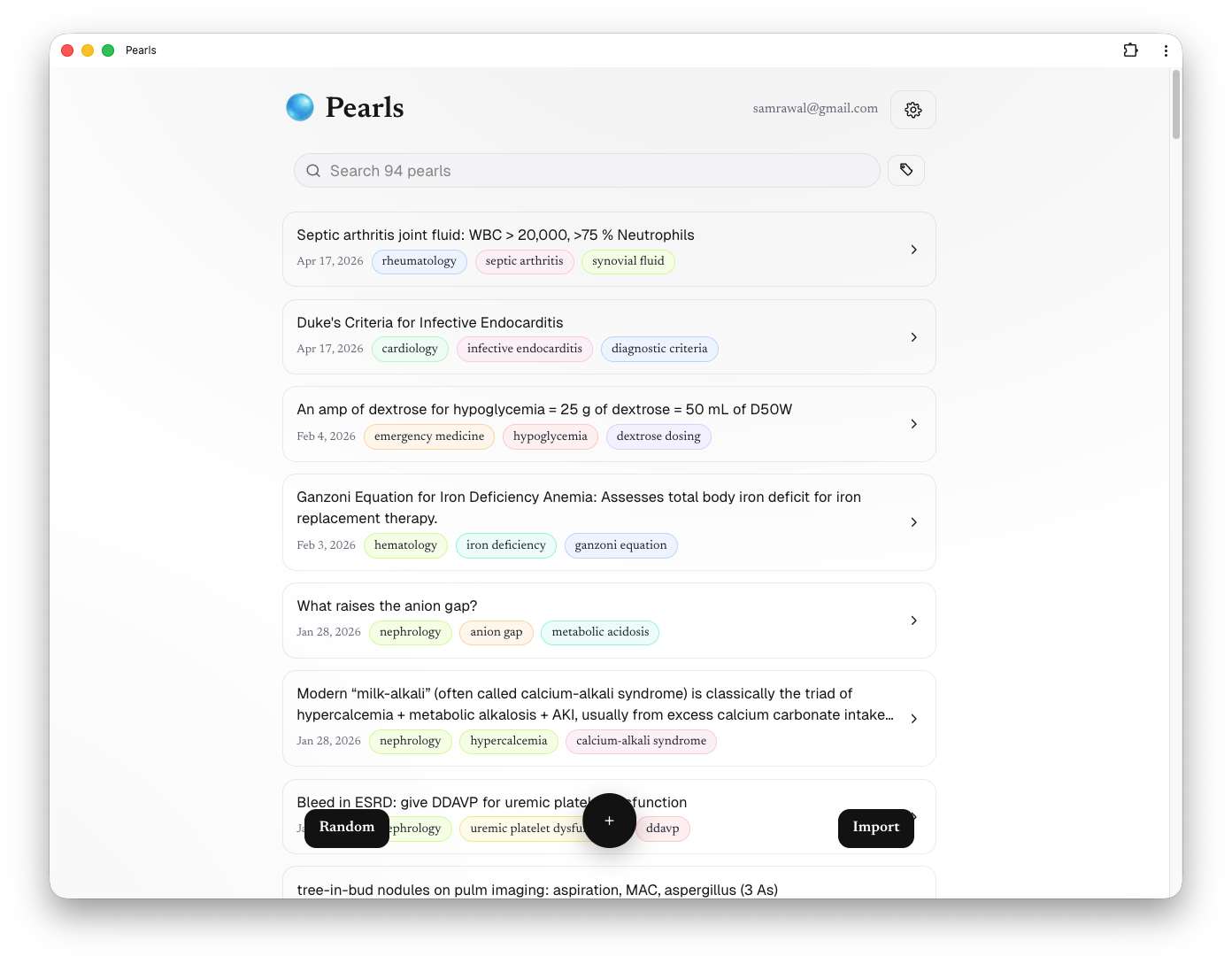 Pearls library showing searchable clinical pearls with tags